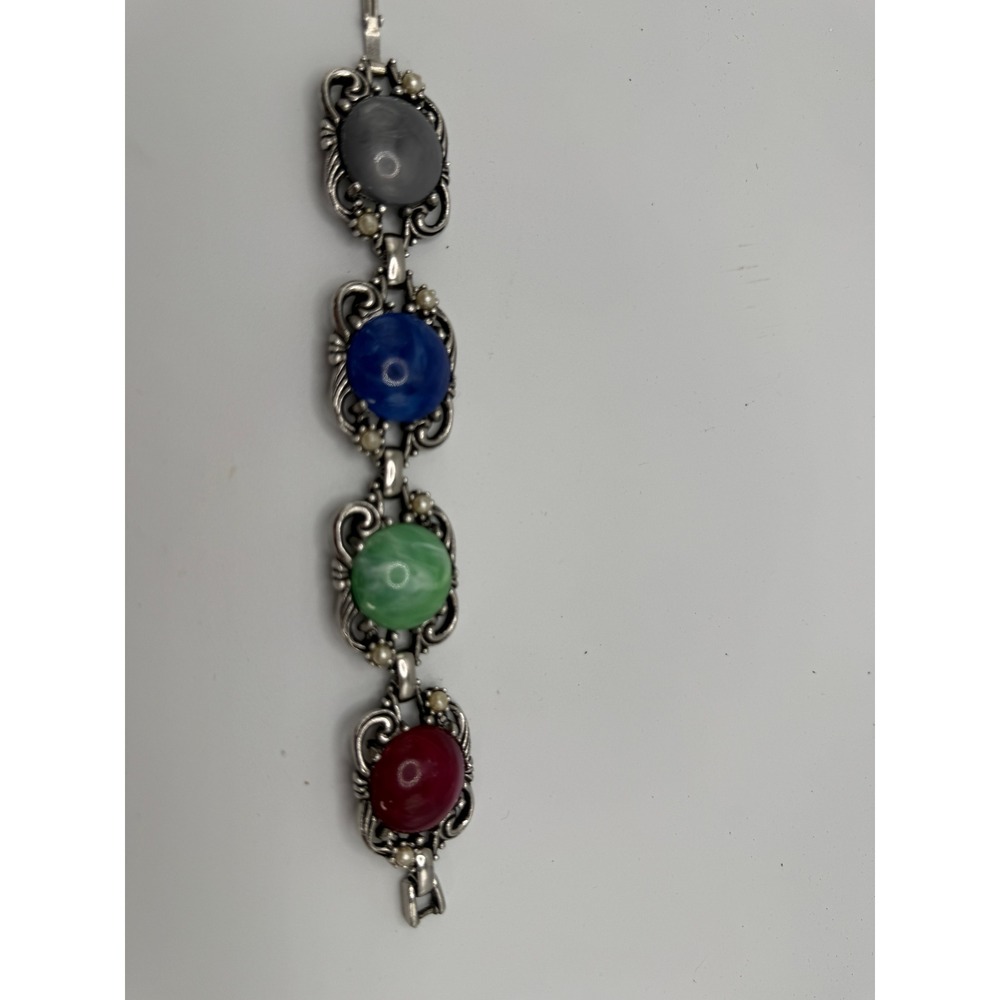 Vintage Silver Tone Multi Color Cabochon Link Bracelet Faux Pearl Accents Ornate